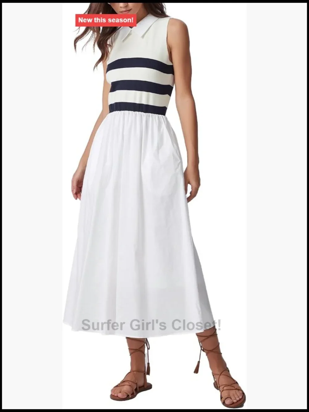 Sleeveless Stripe Knit A-Line Midi Dress Cotton Casual Summer